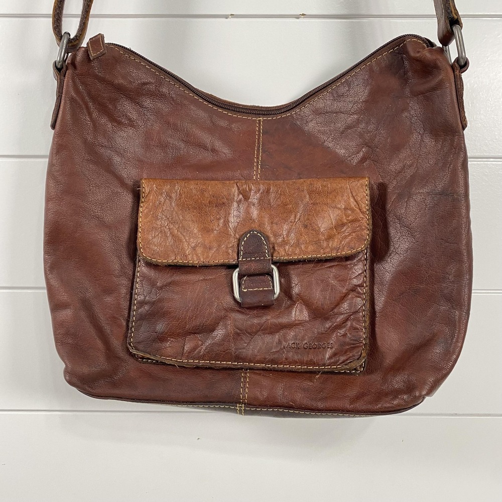 Jack Georges Shoulder Crossbody Bag Womens Brown Leather Flap Pocket Zip Top